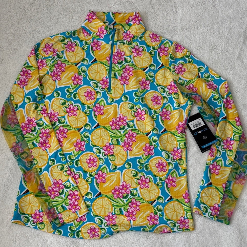 IBKÜL Bright Lemon-Print Women's Quarter-Zip Top - Aqua/Pink